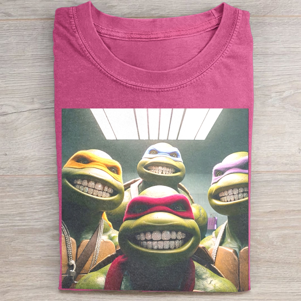 Hip-Hop Turtle Squad Grillz Graphic Vintage Washed Tee