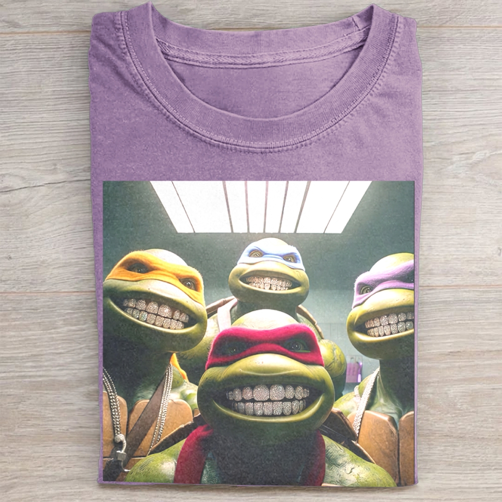 Hip-Hop Turtle Squad Grillz Graphic Vintage Washed Tee