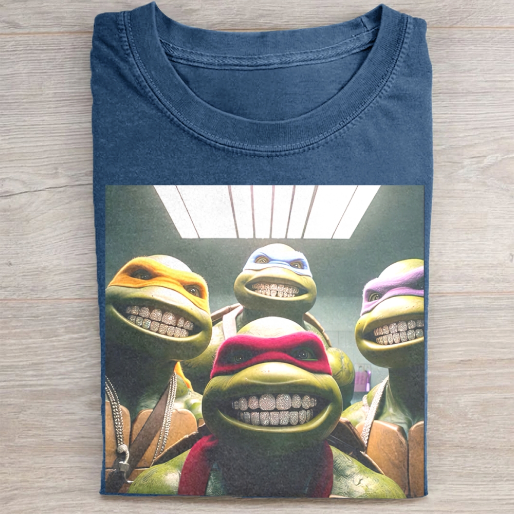 Hip-Hop Turtle Squad Grillz Graphic Vintage Washed Tee
