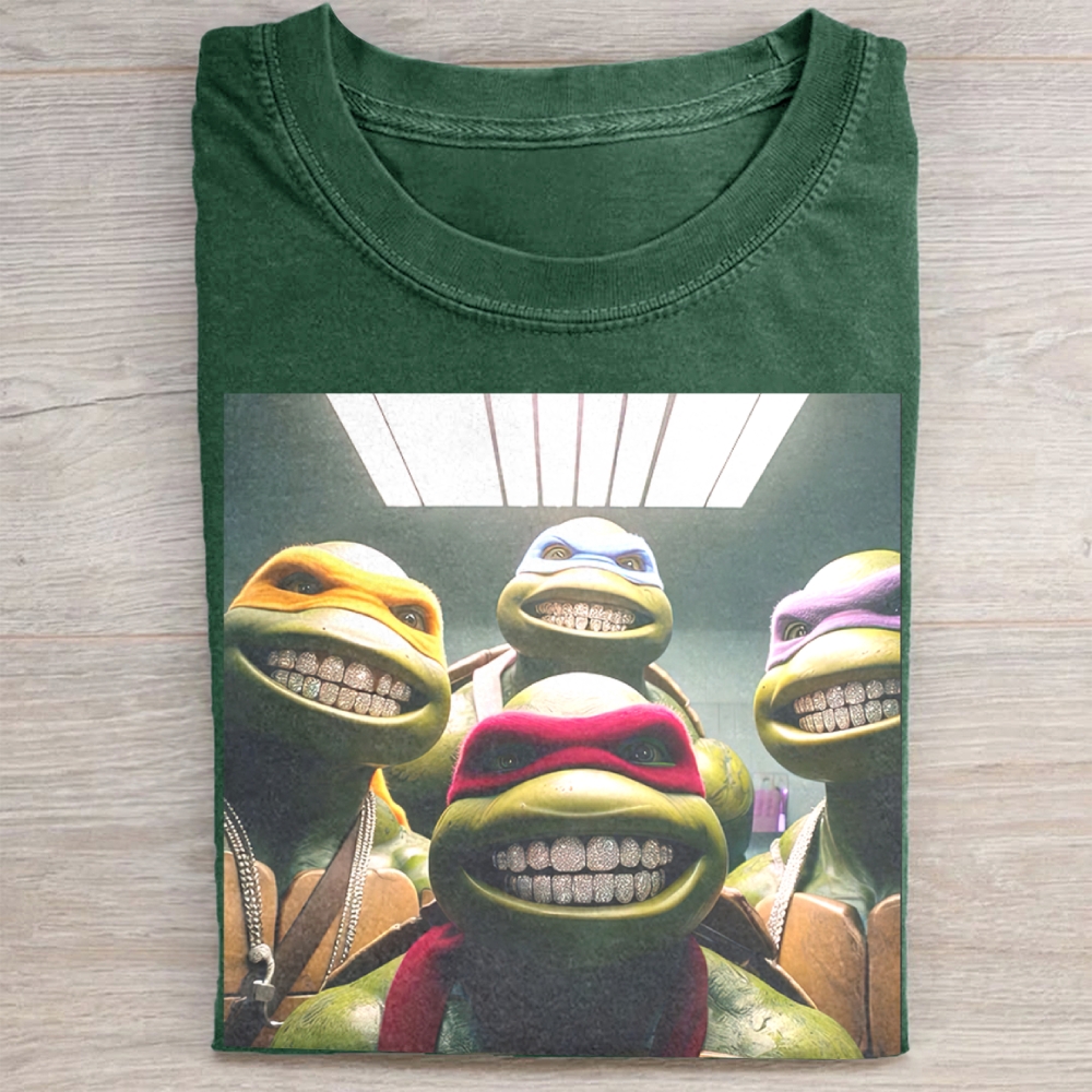 Hip-Hop Turtle Squad Grillz Graphic Vintage Washed Tee