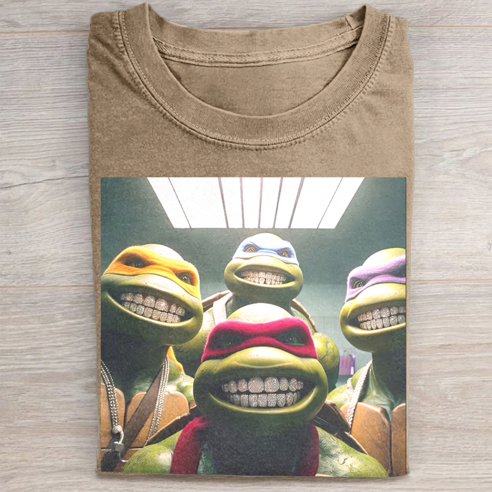 Hip-Hop Turtle Squad Grillz Graphic Vintage Washed Tee