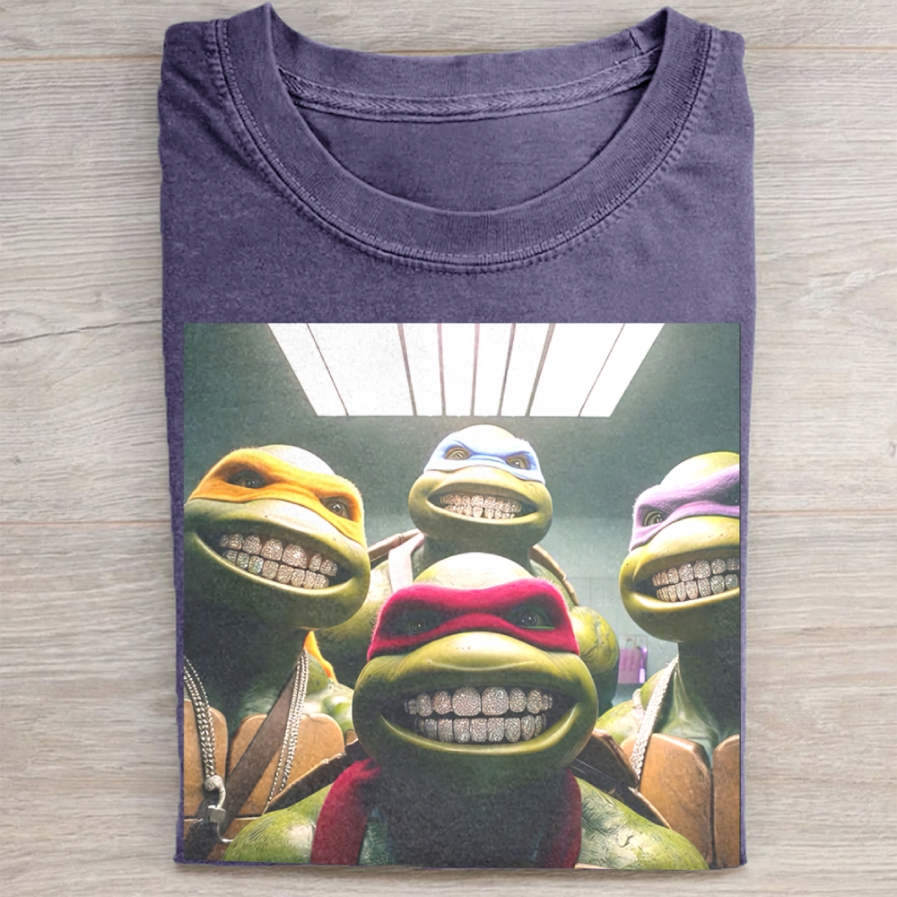 Hip-Hop Turtle Squad Grillz Graphic Vintage Washed Tee