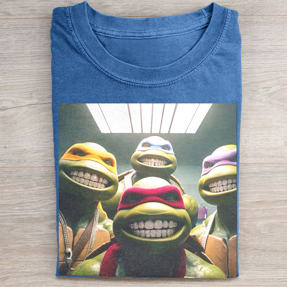 Hip-Hop Turtle Squad Grillz Graphic Vintage Washed Tee