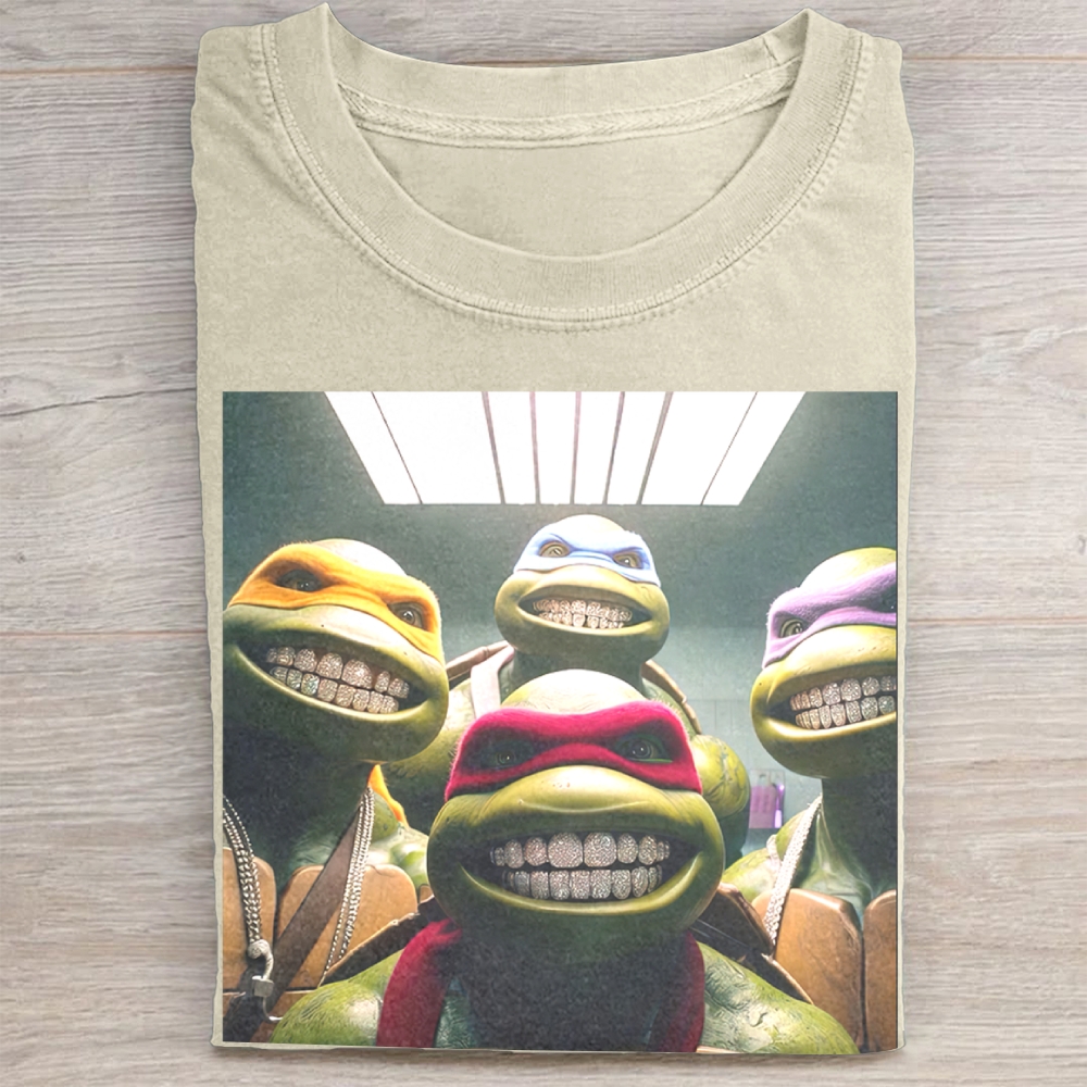 Hip-Hop Turtle Squad Grillz Graphic Vintage Washed Tee