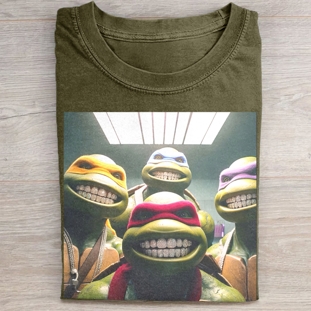 Hip-Hop Turtle Squad Grillz Graphic Vintage Washed Tee