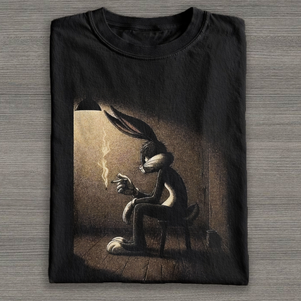Melancholic Cartoon Bunny Noir Graphic Cotton T-shirt 