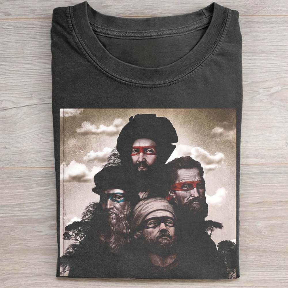 Renaissance Ninja Turtle Parody Portrait Graphic Vintage Washed Tee
