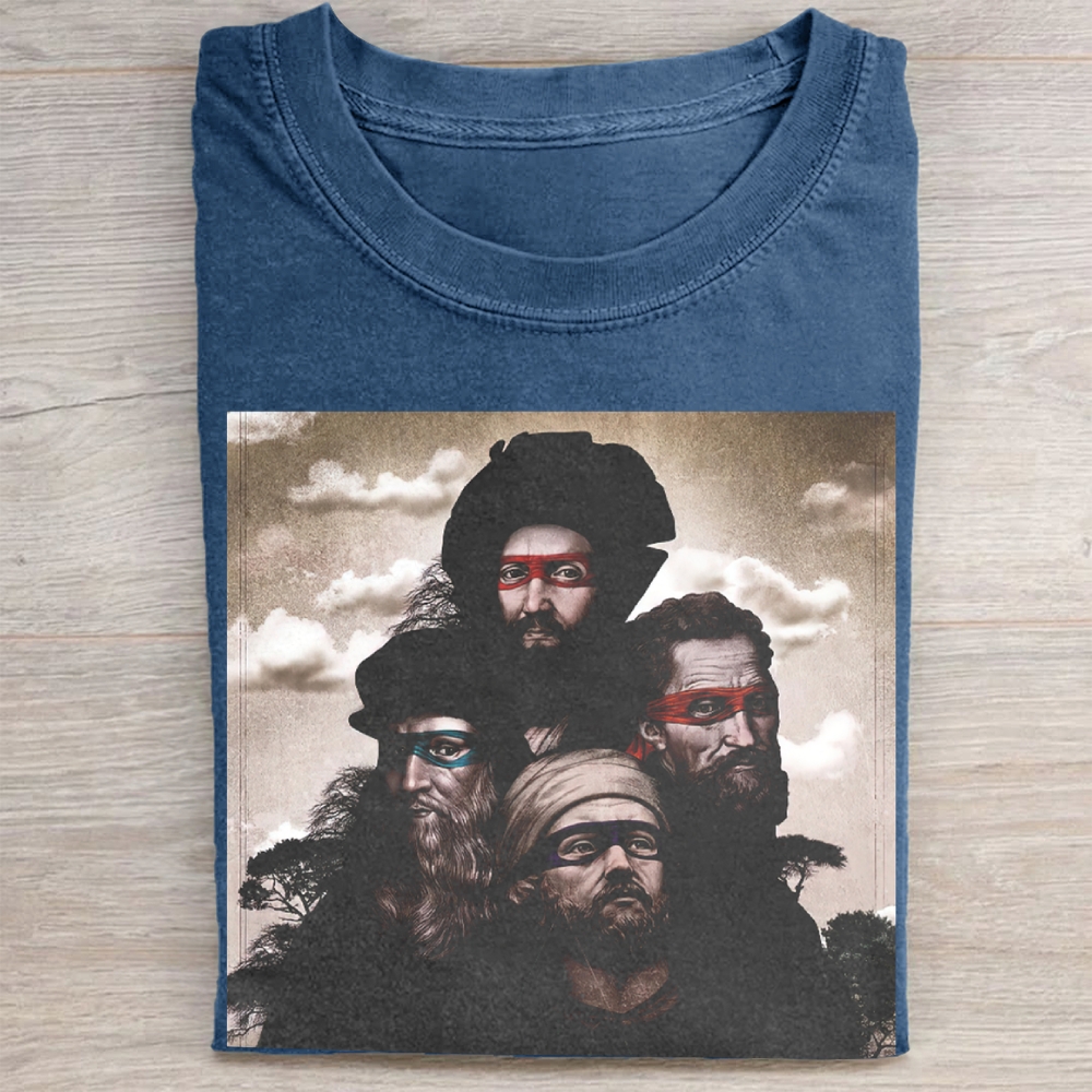 Renaissance Ninja Turtle Parody Portrait Graphic Vintage Washed Tee