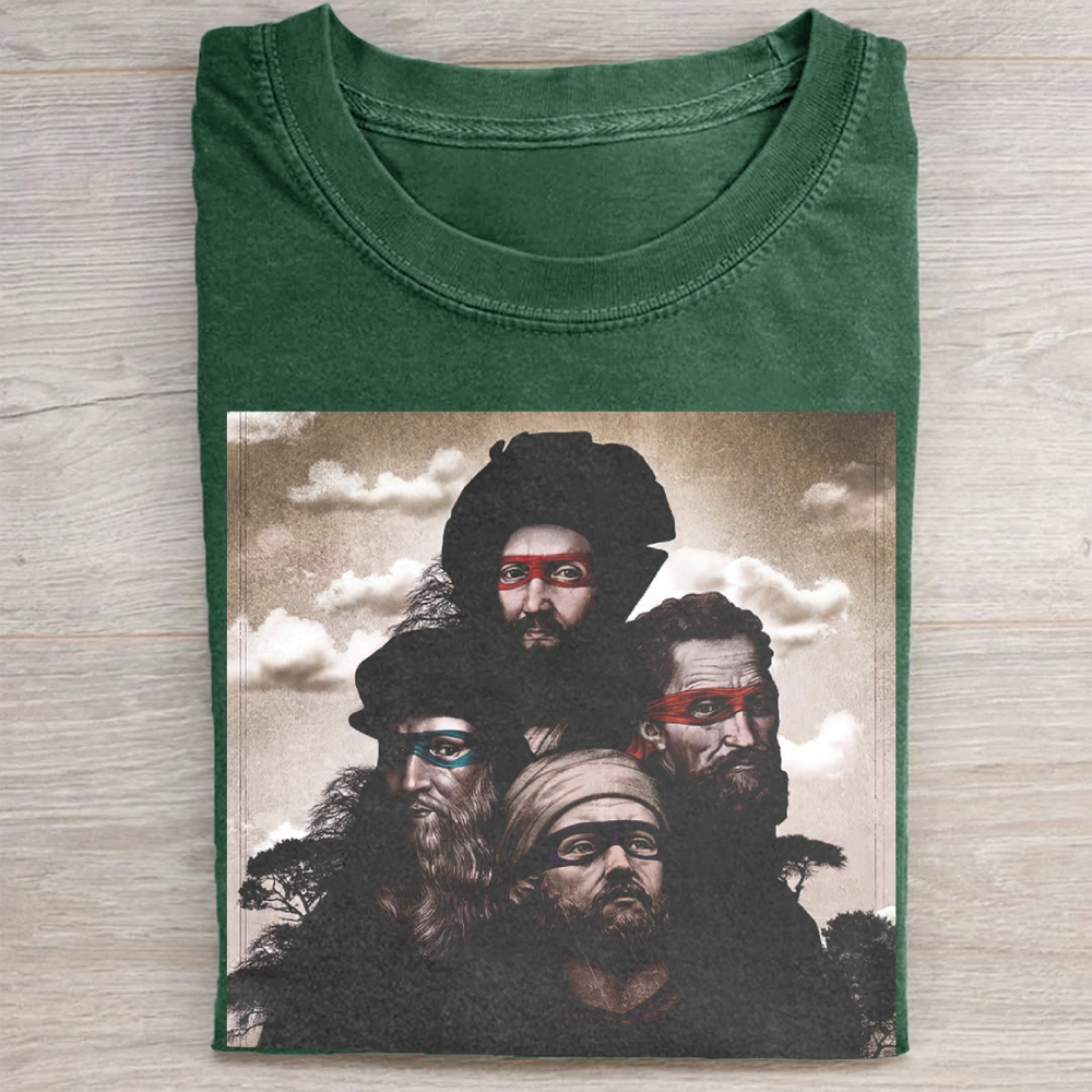 Renaissance Ninja Turtle Parody Portrait Graphic Vintage Washed Tee