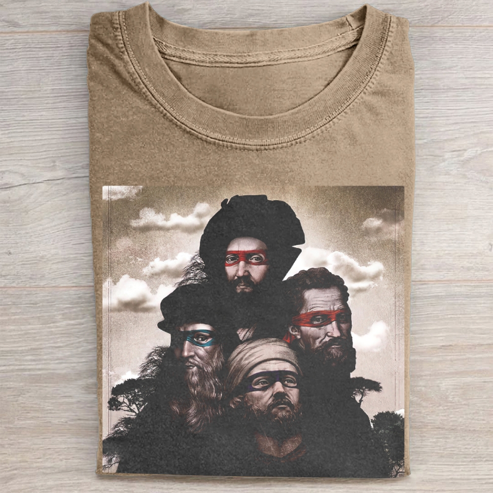 Renaissance Ninja Turtle Parody Portrait Graphic Vintage Washed Tee