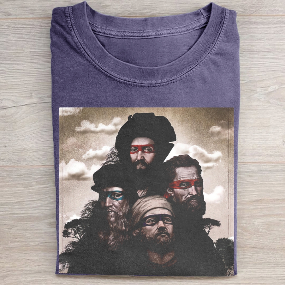 Renaissance Ninja Turtle Parody Portrait Graphic Vintage Washed Tee
