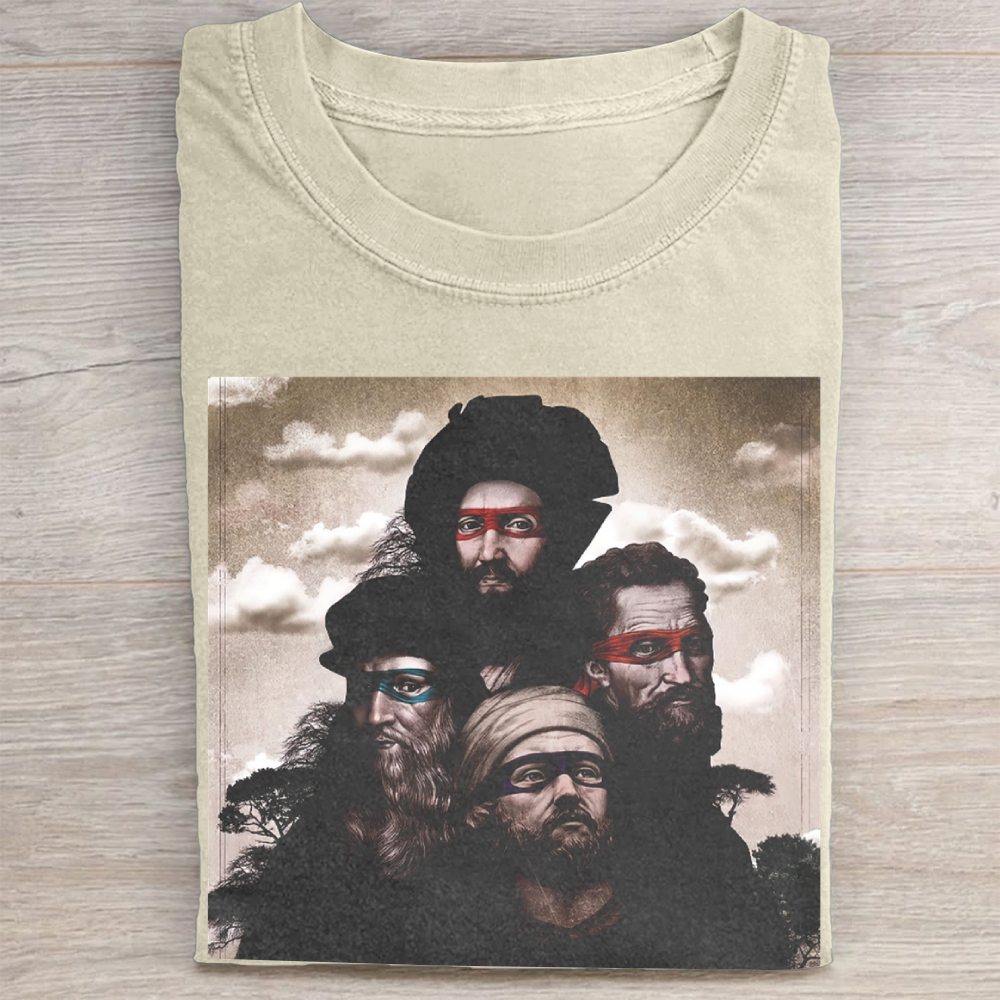 Renaissance Ninja Turtle Parody Portrait Graphic Vintage Washed Tee