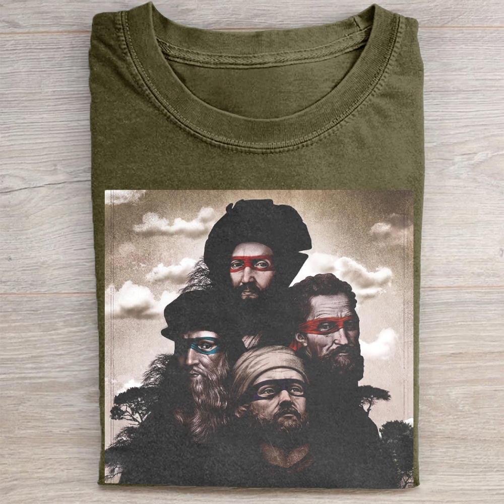 Renaissance Ninja Turtle Parody Portrait Graphic Vintage Washed Tee