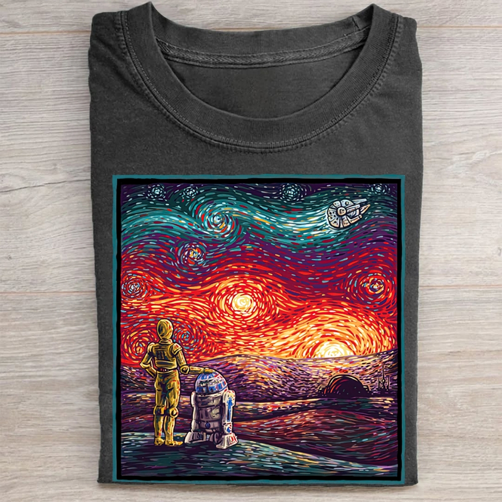 Sci-Fi Droid Starry Night Parody Graphic Vintage Washed Tee