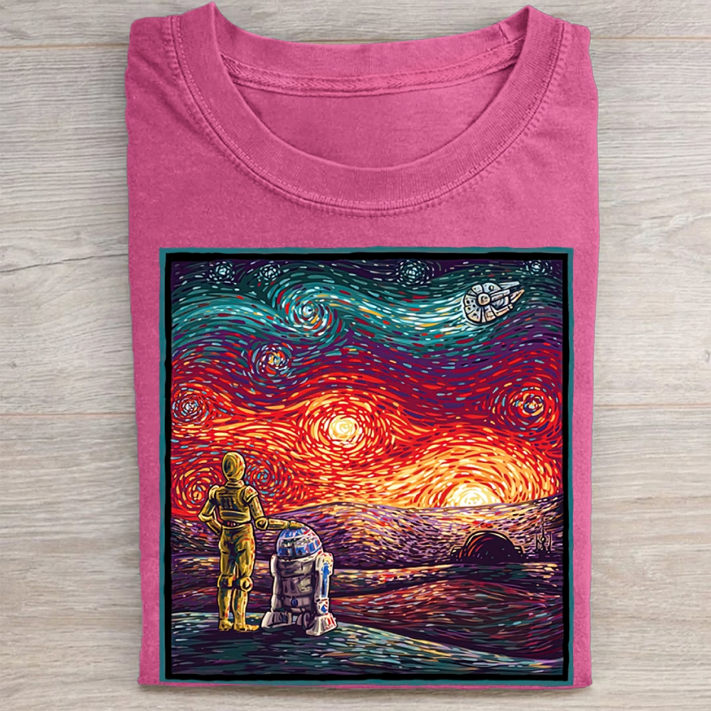 Sci-Fi Droid Starry Night Parody Graphic Vintage Washed Tee