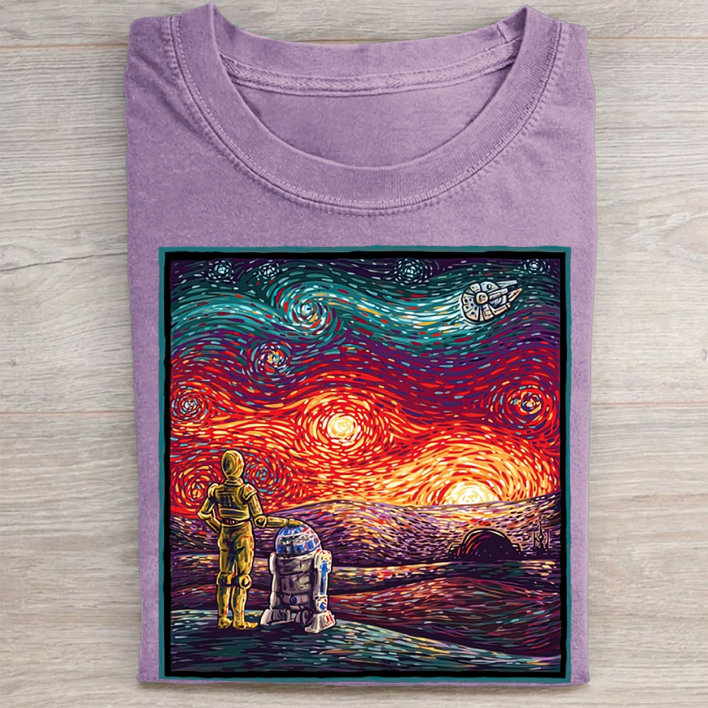 Sci-Fi Droid Starry Night Parody Graphic Vintage Washed Tee