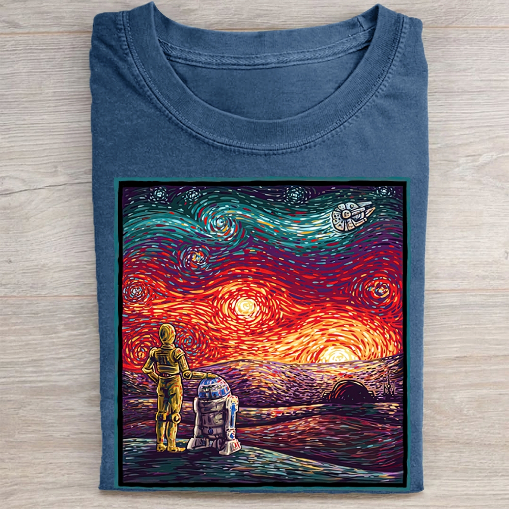 Sci-Fi Droid Starry Night Parody Graphic Vintage Washed Tee
