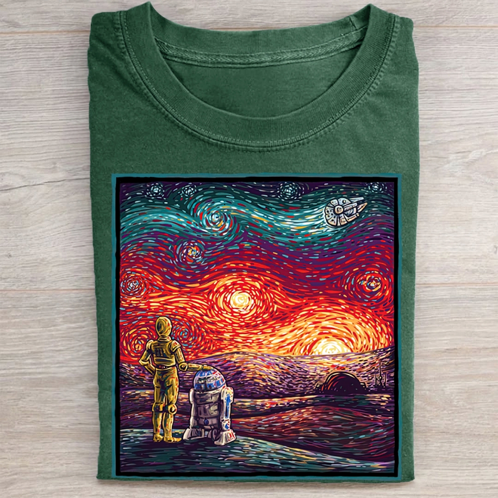 Sci-Fi Droid Starry Night Parody Graphic Vintage Washed Tee