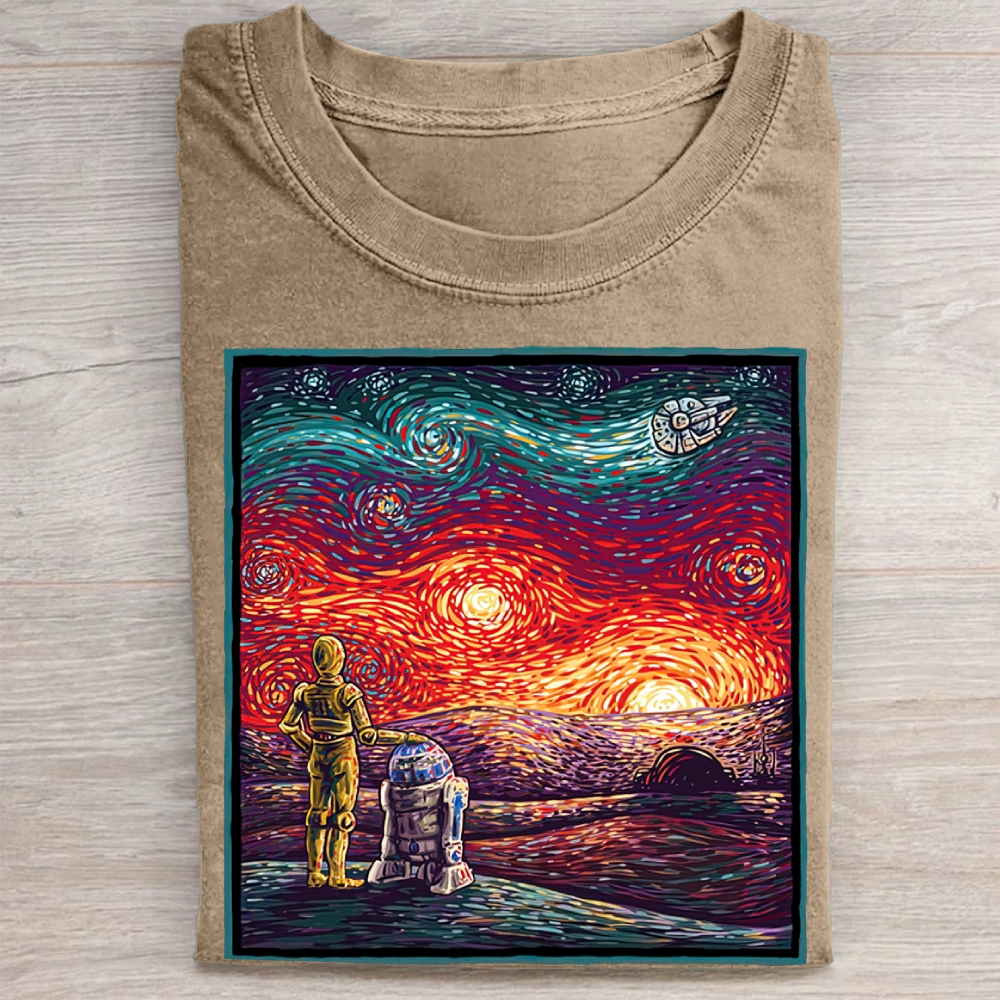 Sci-Fi Droid Starry Night Parody Graphic Vintage Washed Tee