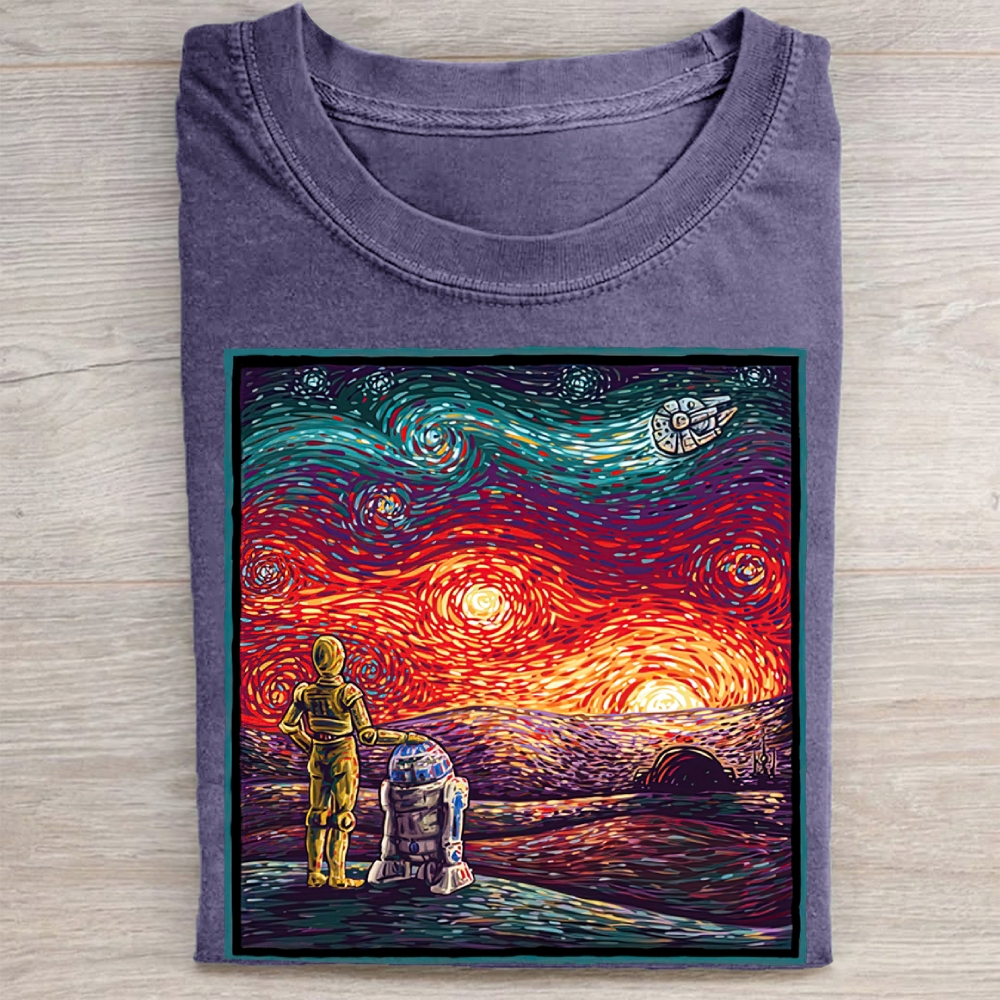 Sci-Fi Droid Starry Night Parody Graphic Vintage Washed Tee