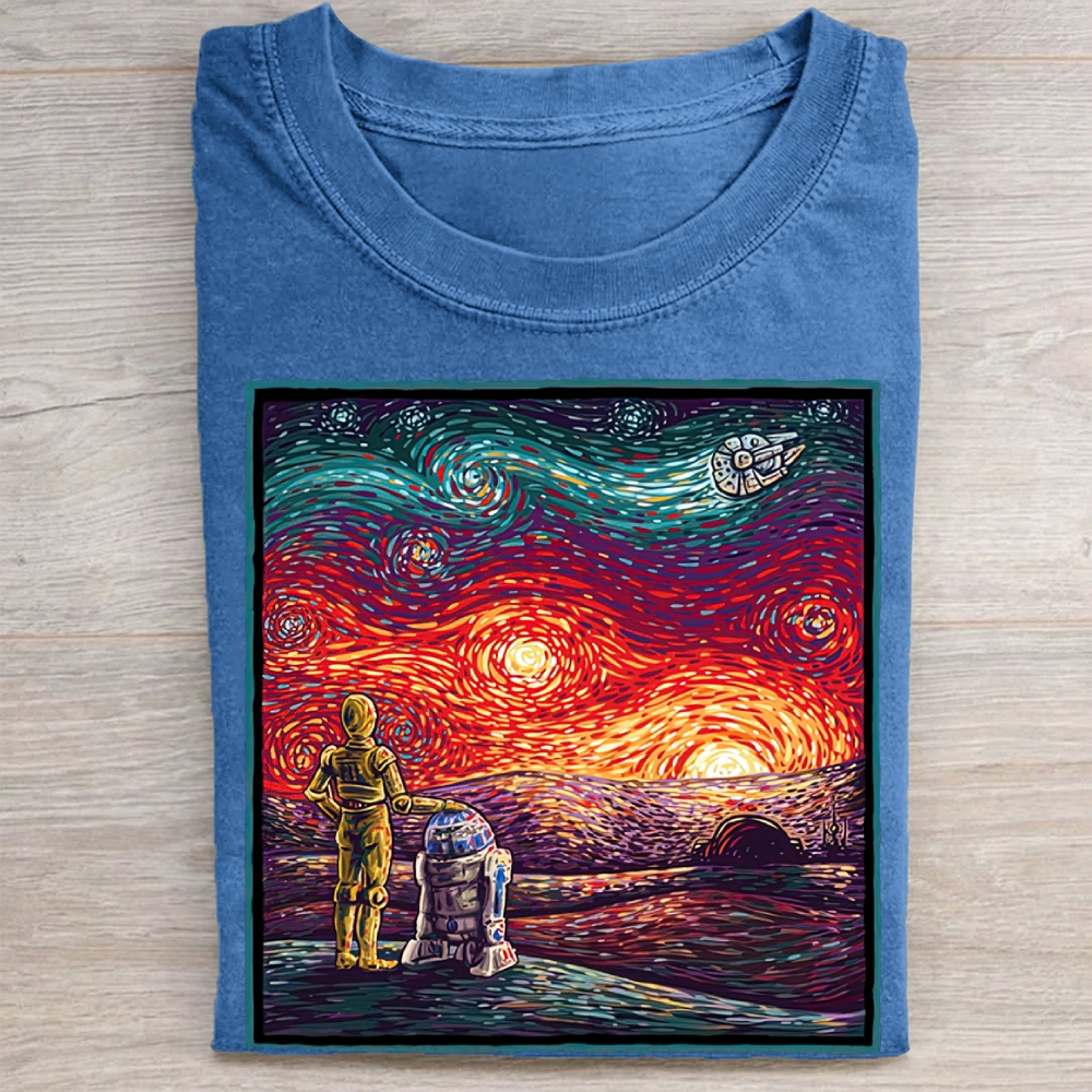 Sci-Fi Droid Starry Night Parody Graphic Vintage Washed Tee