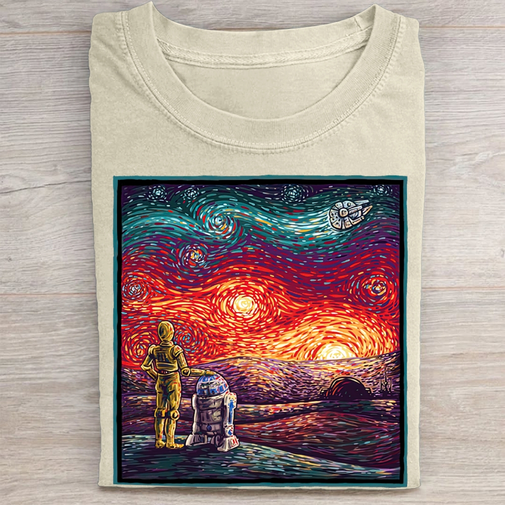 Sci-Fi Droid Starry Night Parody Graphic Vintage Washed Tee
