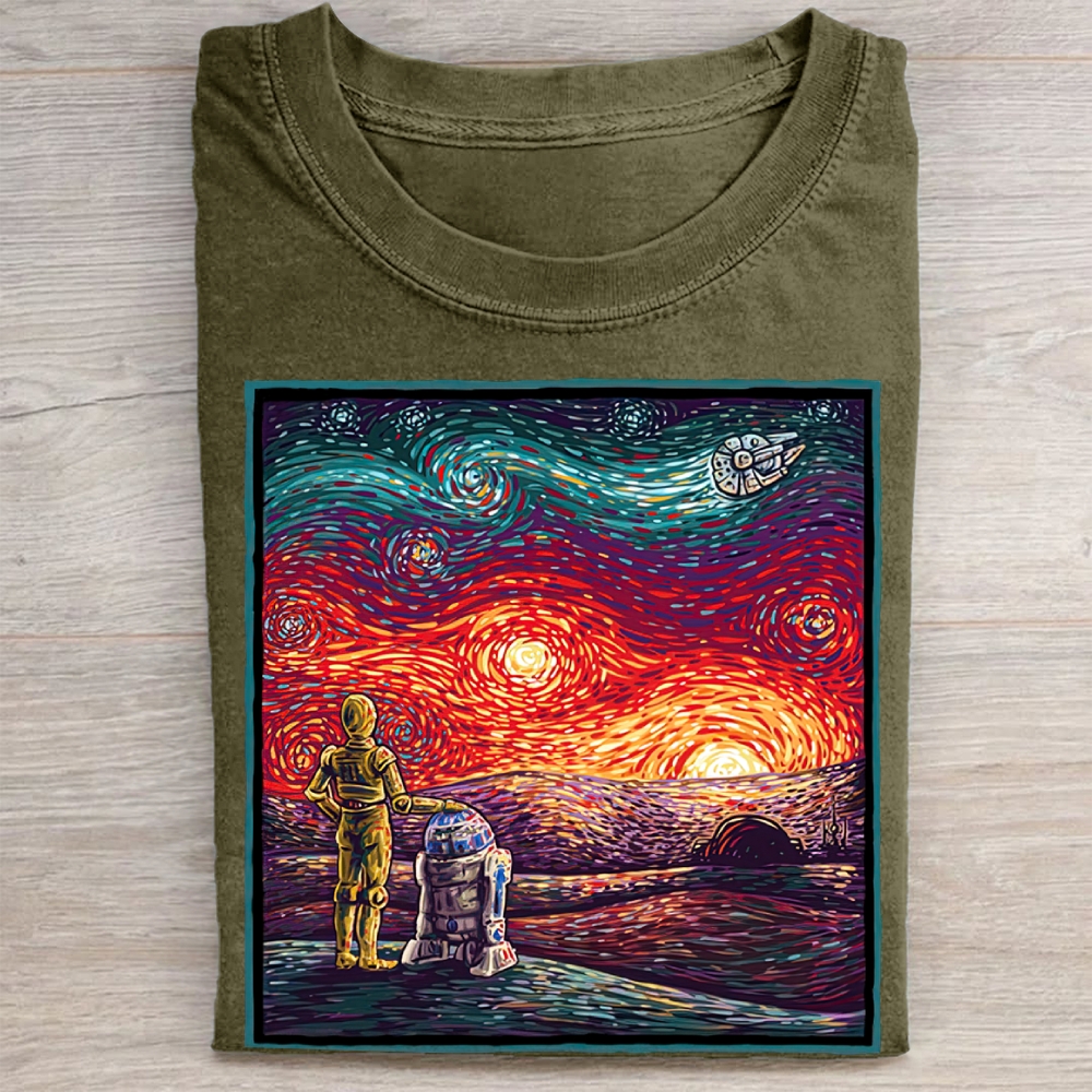 Sci-Fi Droid Starry Night Parody Graphic Vintage Washed Tee