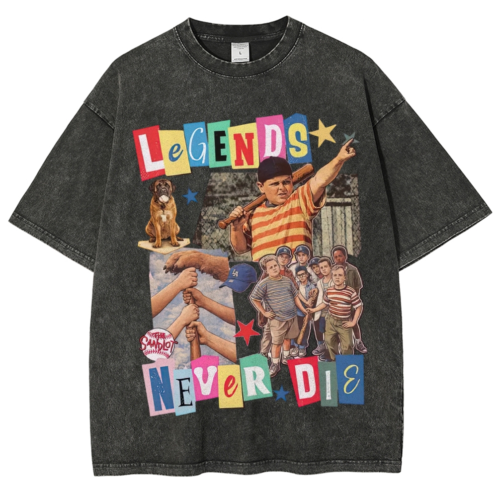 Collage Baseball Kid Dog "Legends Never Die" Retro Movie Vintage Washed T-Shirt