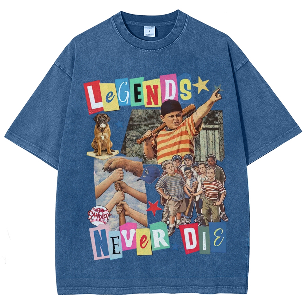 Collage Baseball Kid Dog "Legends Never Die" Retro Movie Vintage Washed T-Shirt
