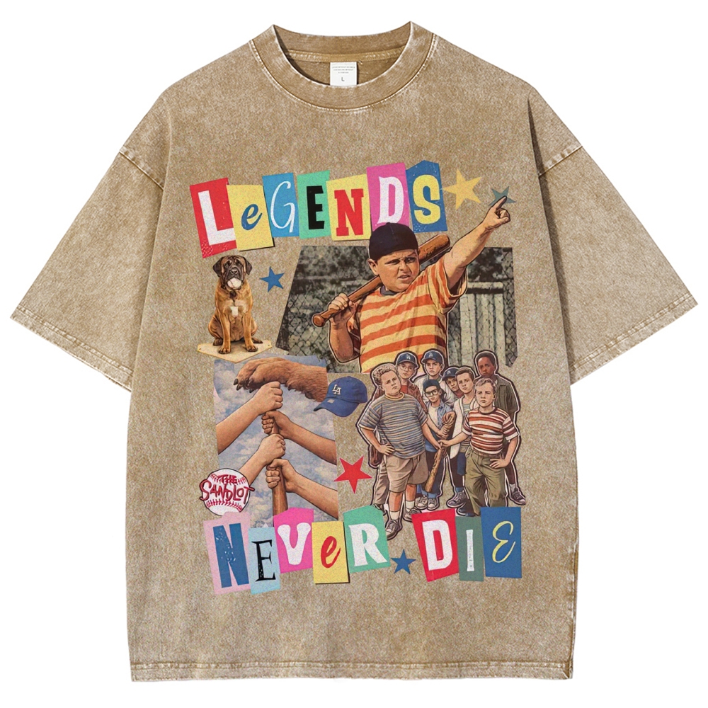 Collage Baseball Kid Dog "Legends Never Die" Retro Movie Vintage Washed T-Shirt