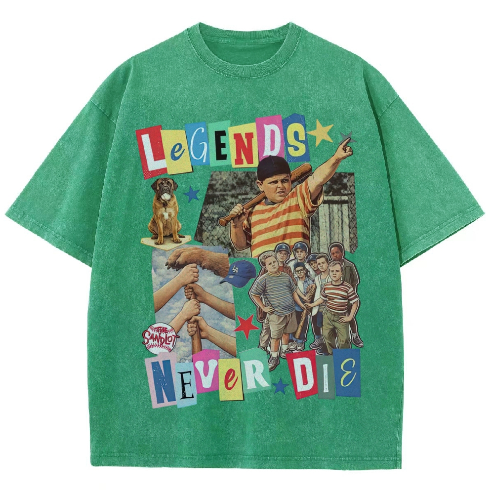Collage Baseball Kid Dog "Legends Never Die" Retro Movie Vintage Washed T-Shirt