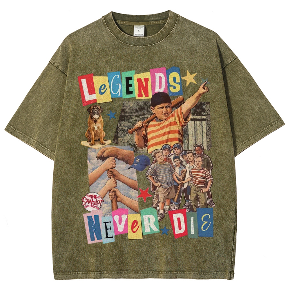 Collage Baseball Kid Dog "Legends Never Die" Retro Movie Vintage Washed T-Shirt