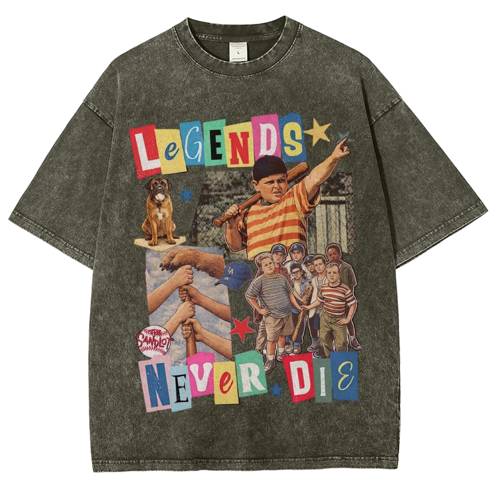 Collage Baseball Kid Dog "Legends Never Die" Retro Movie Vintage Washed T-Shirt
