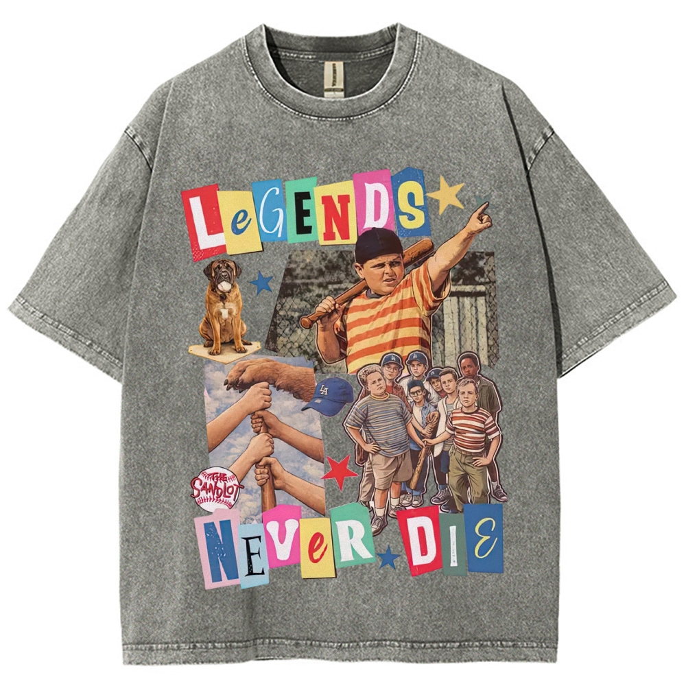 Collage Baseball Kid Dog "Legends Never Die" Retro Movie Vintage Washed T-Shirt