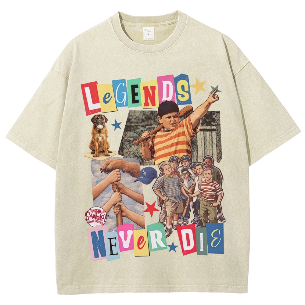 Collage Baseball Kid Dog "Legends Never Die" Retro Movie Vintage Washed T-Shirt