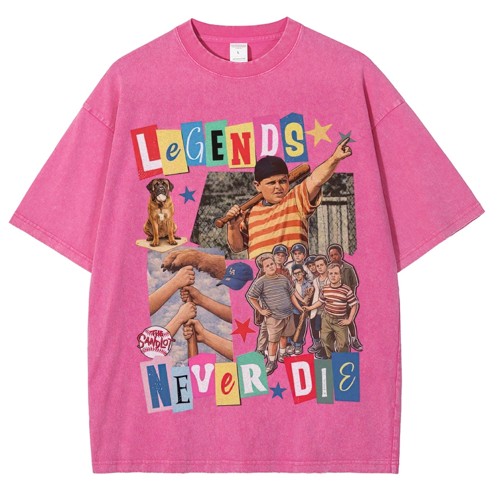 Collage Baseball Kid Dog "Legends Never Die" Retro Movie Vintage Washed T-Shirt