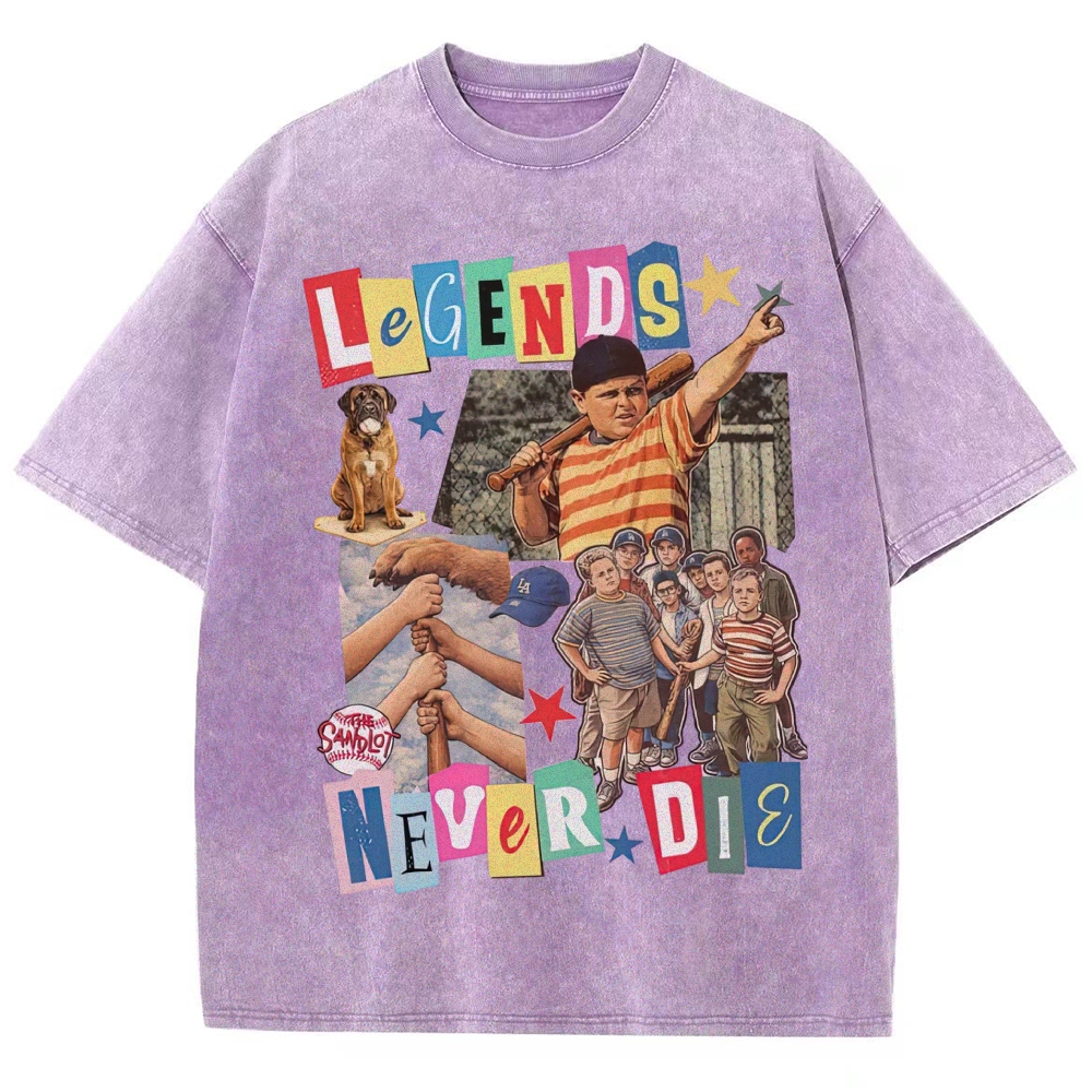 Collage Baseball Kid Dog "Legends Never Die" Retro Movie Vintage Washed T-Shirt