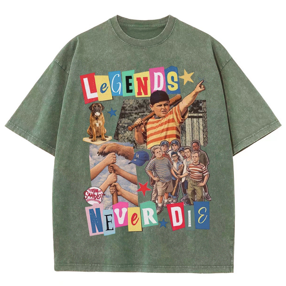Collage Baseball Kid Dog "Legends Never Die" Retro Movie Vintage Washed T-Shirt