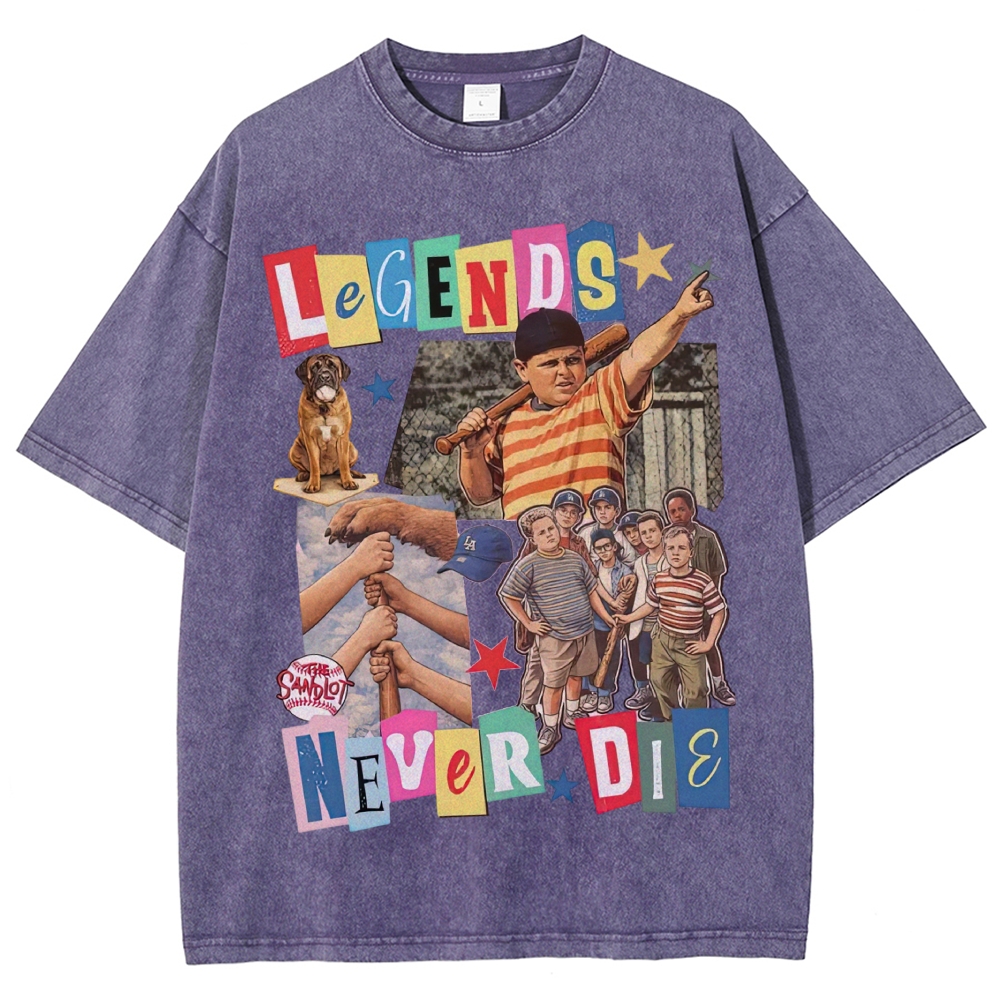 Collage Baseball Kid Dog "Legends Never Die" Retro Movie Vintage Washed T-Shirt