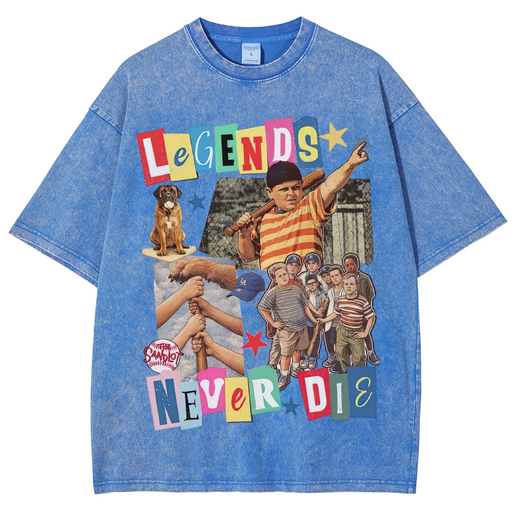 Collage Baseball Kid Dog "Legends Never Die" Retro Movie Vintage Washed T-Shirt