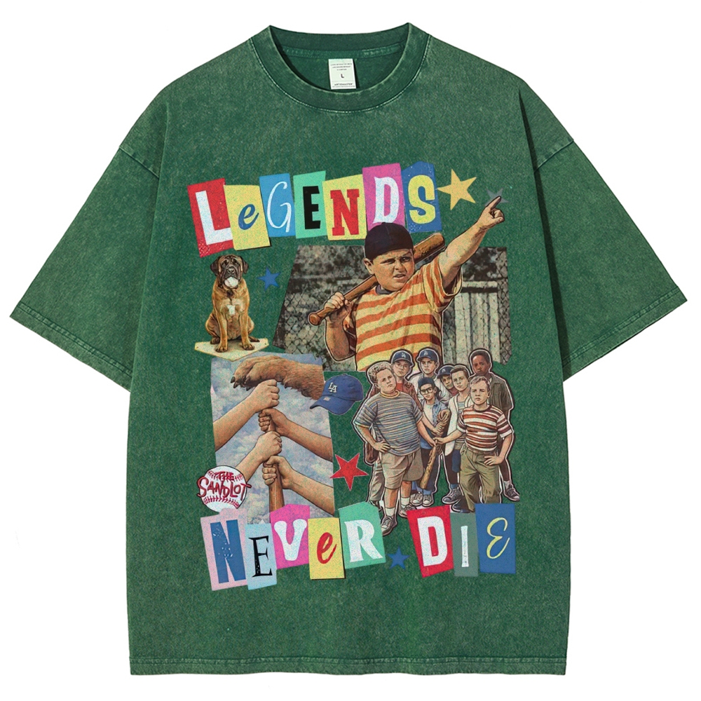 Collage Baseball Kid Dog "Legends Never Die" Retro Movie Vintage Washed T-Shirt
