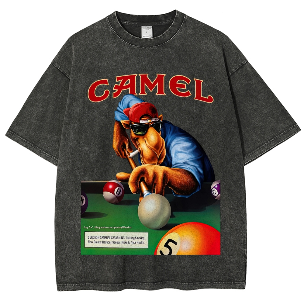Retro Camel Billiards Smoking Camel Character Distressed Vintage Washed T-Shirt