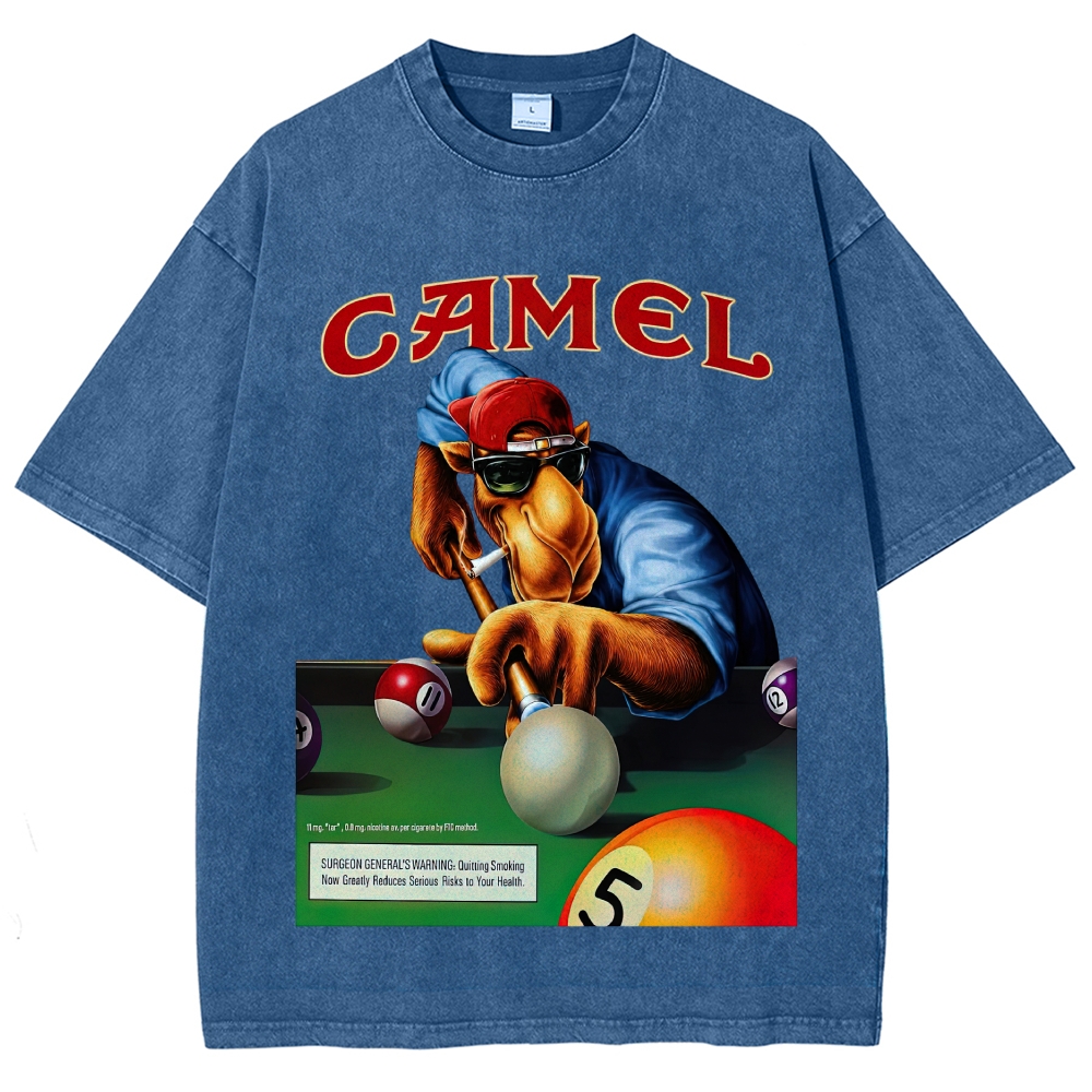 Retro Camel Billiards Smoking Camel Character Distressed Vintage Washed T-Shirt