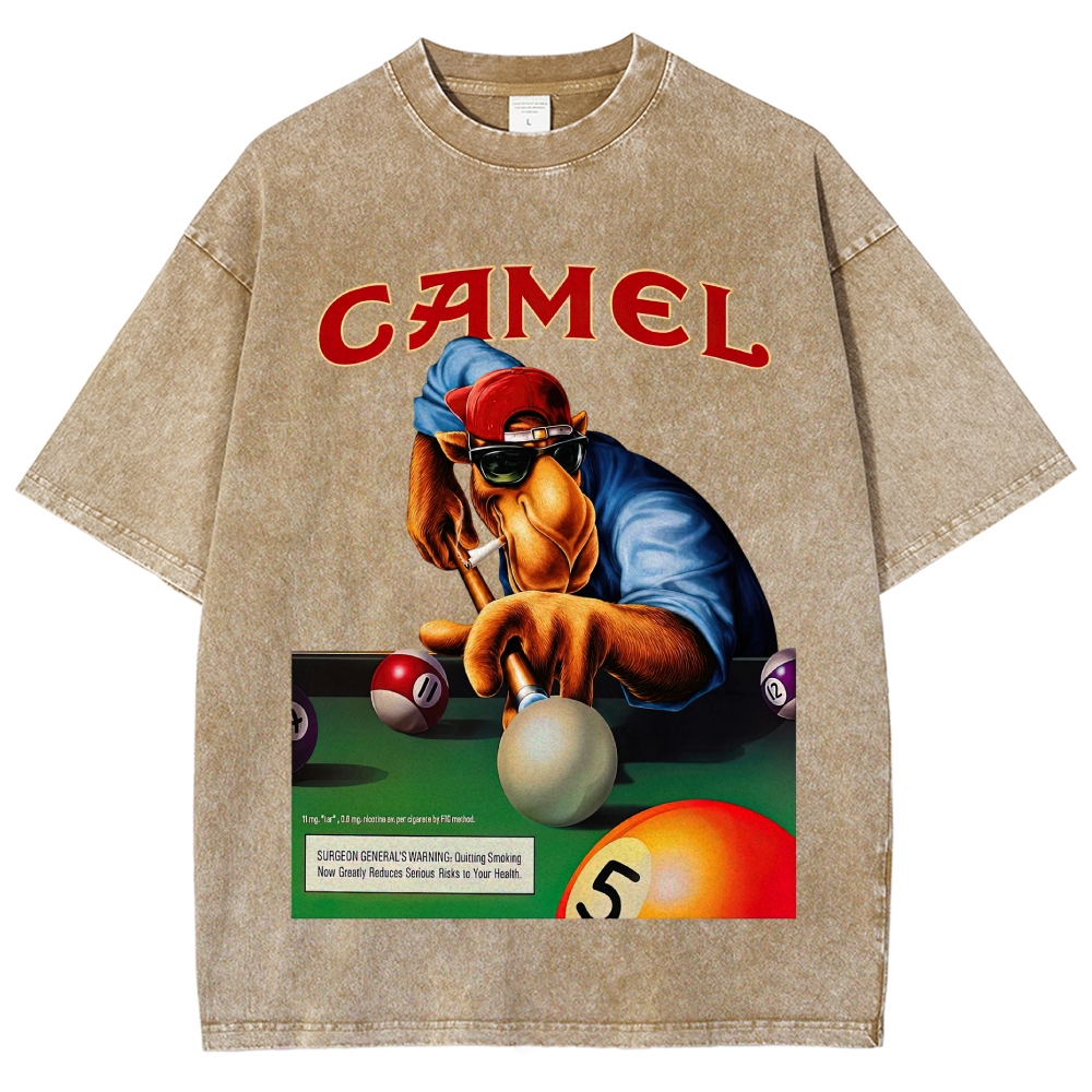 Retro Camel Billiards Smoking Camel Character Distressed Vintage Washed T-Shirt