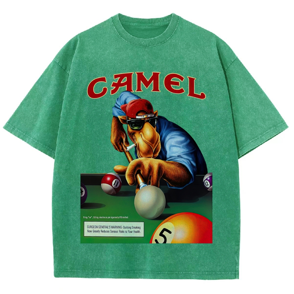 Retro Camel Billiards Smoking Camel Character Distressed Vintage Washed T-Shirt