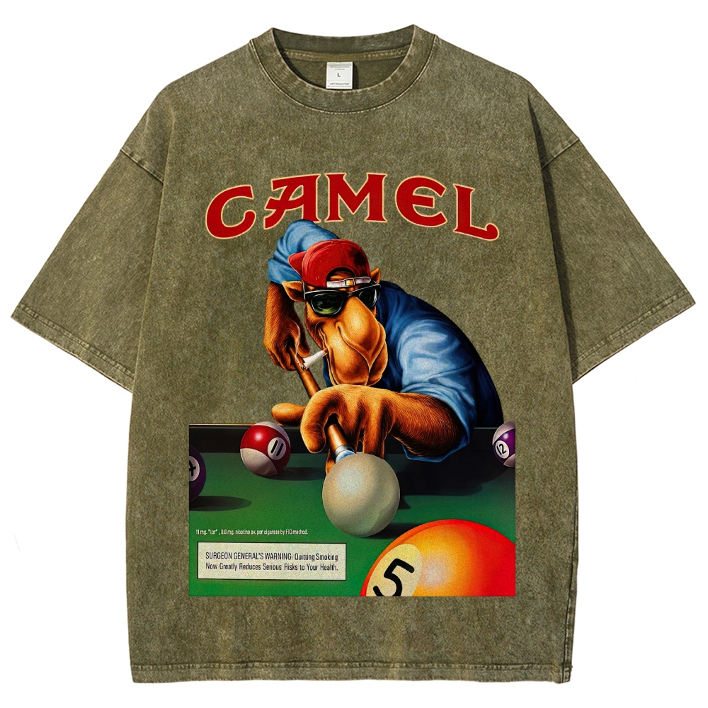 Retro Camel Billiards Smoking Camel Character Distressed Vintage Washed T-Shirt