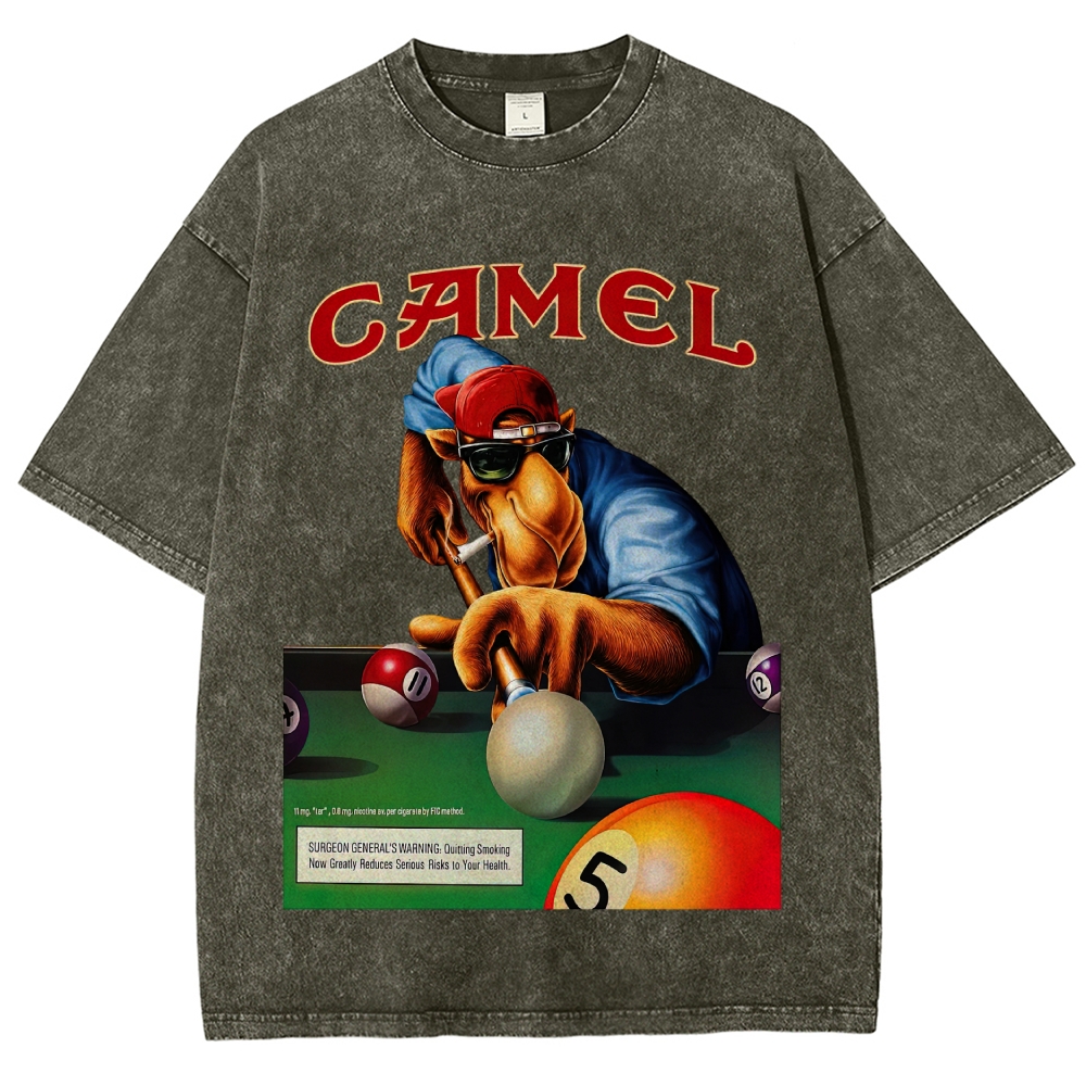 Retro Camel Billiards Smoking Camel Character Distressed Vintage Washed T-Shirt