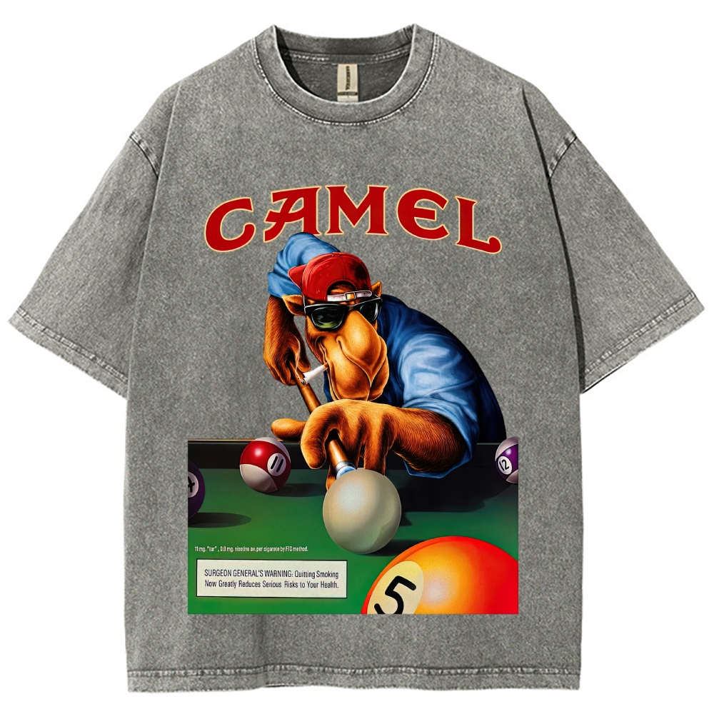 Retro Camel Billiards Smoking Camel Character Distressed Vintage Washed T-Shirt