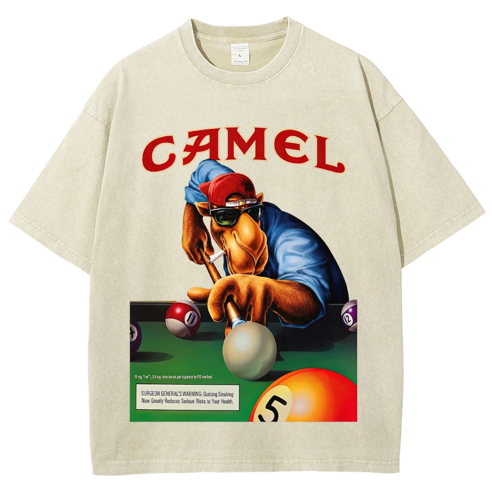 Retro Camel Billiards Smoking Camel Character Distressed Vintage Washed T-Shirt