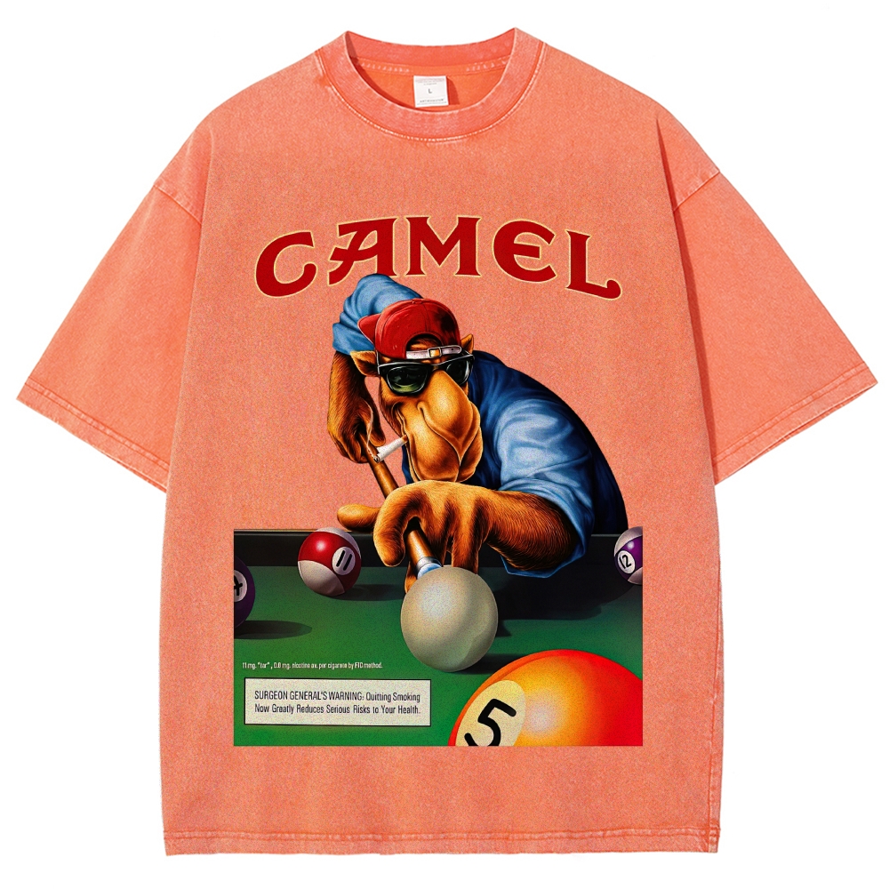 Retro Camel Billiards Smoking Camel Character Distressed Vintage Washed T-Shirt